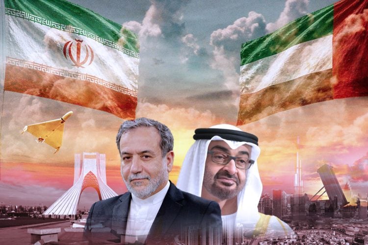 A composite image shows Iranian Foreign Minister Abbas Araghchi and UAE President Mohamed bin Zayed Al Nahyan against the backdrop of Tehran and Abu Dhabi skylines, with Iranian and Emirati flags overhead. (Photo credit: Exclusive / Social media)