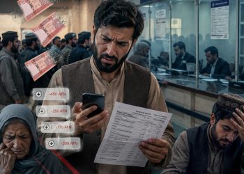 A customer reviews unexpected deductions on his phone and account statement at a private bank in Kabul as concerns grow over unexplained banking fees. (Photo credit: Exclusive / AI)