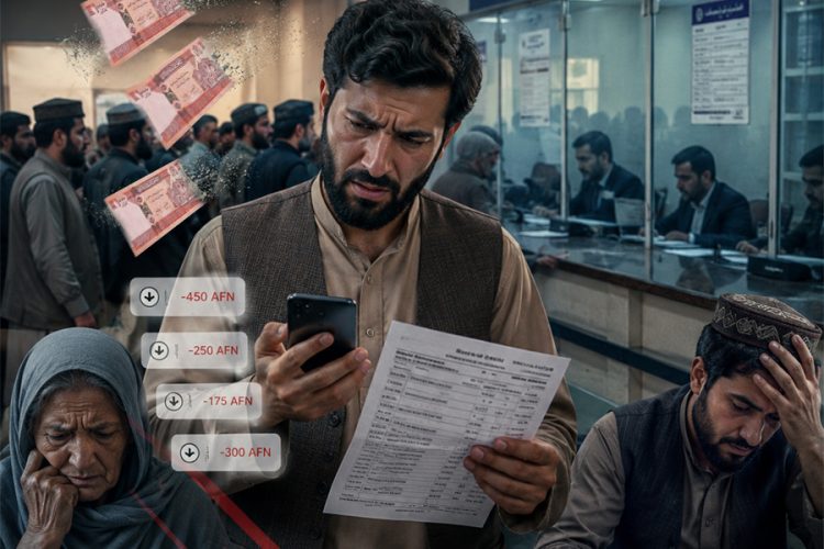 A customer reviews unexpected deductions on his phone and account statement at a private bank in Kabul as concerns grow over unexplained banking fees. (Photo credit: Exclusive / AI)