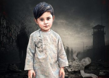 A young child stands alone against a backdrop of missing persons' photographs and a darkened watchtower, symbolizing the surge in enforced disappearances across Afghanistan. (Photo Credit: Exclusive + Pexels)