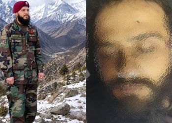 A side-by-side image shows Nurullah in military uniform and his face after being shot dead by armed robbers in Kabul. (Photo Credit: Exclusive)
