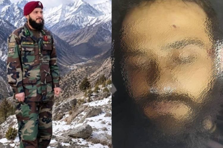 A side-by-side image shows Nurullah in military uniform and his face after being shot dead by armed robbers in Kabul. (Photo Credit: Exclusive)