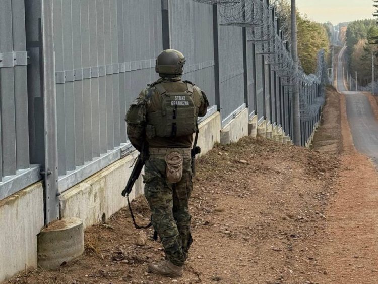A Polish Border Guard soldier patrols along the fortified Poland-Belarus border fence, where over 20 citizens of Afghanistan and Pakistan were recently detained for attempting illegal entry. (Photo credit: @podlaski_sg)