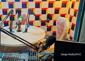 The broadcast studio of Sanga Radio sits silent after the Taliban shuttered the station along with two other local radio outlets in Kandahar. (Photo credit: Sanga Radio/AFJC)