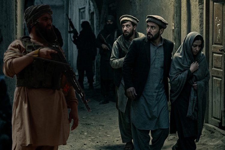 Armed fighters patrol a narrow alleyway as civilians look on in fear, reflecting the growing insecurity reported across Afghanistan under Taliban rule. (Photo Credit: AFP / Taliban)