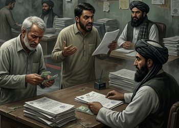 A citizen confronts a Taliban official over documents and payments at a government office in Afghanistan. (Photo Credit: AI)