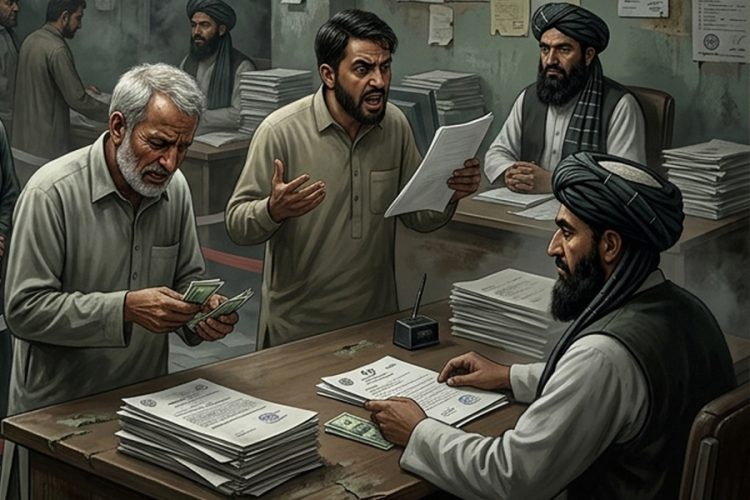 A citizen confronts a Taliban official over documents and payments at a government office in Afghanistan. (Photo Credit: AI)