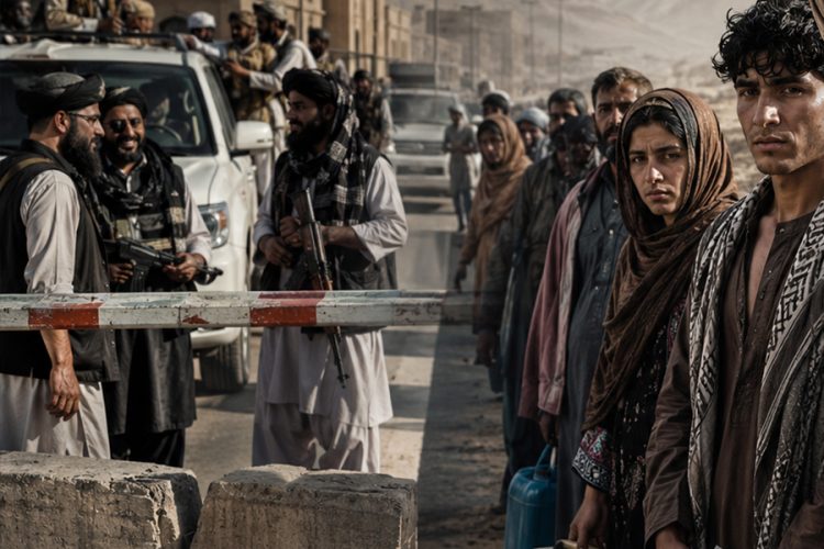 Taliban fighters man a checkpoint as residents wait in line at a border crossing point, reflecting the tightened controls and restricted movement faced by local communities in Nimroz province. (Photo Credit: AI)
