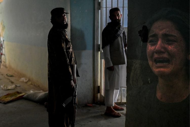 Armed Taliban members stand inside a detention facility as a distressed woman weeps, illustrating the fear and abuse documented in the UN Security Council's latest report on sexual violence in Afghanistan. (Photo credit: Freepik / AFP)
