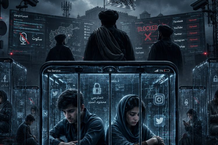 Taliban figures stand before a wall of blocked social media platforms as citizens of Afghanistan sit trapped inside glass cells shaped like smartphones, illustrating the nationwide internet shutdown. (Photo credit: AI)