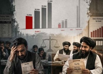 A visual contrast shows ordinary staff struggling with low wages while Taliban officials at the Statistics and Information Authority receive large bonus payments. (Photo credit: Exclusive / AI)