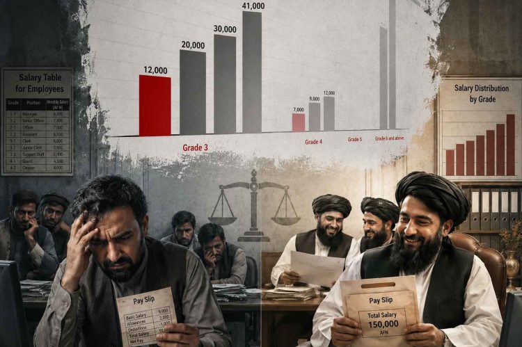 A visual contrast shows ordinary staff struggling with low wages while Taliban officials at the Statistics and Information Authority receive large bonus payments. (Photo credit: Exclusive / AI)