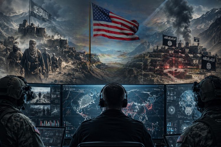 US personnel monitor global terrorism threats on digital screens displaying militant activity linked to Al-Qaeda and ISIS-K. (Photo credit: AI)