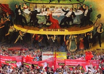 A large crowd participates in a workers’ rights demonstration while a historical illustration depicts class divisions between elites and laborers. (Photo credit: Wikimedia + Wikipedia)