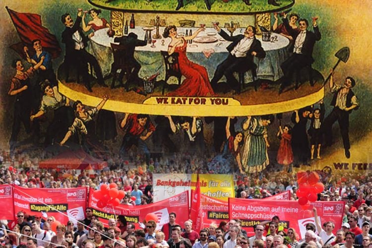 A large crowd participates in a workers’ rights demonstration while a historical illustration depicts class divisions between elites and laborers. (Photo credit: Wikimedia + Wikipedia)