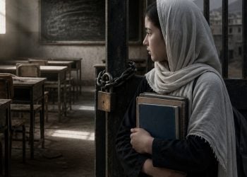 A girl holding books looks toward a half-open classroom after years of school closures for female students in Afghanistan. (Photo credit: AI)
