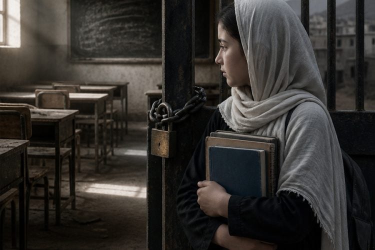 A girl holding books looks toward a half-open classroom after years of school closures for female students in Afghanistan. (Photo credit: AI)