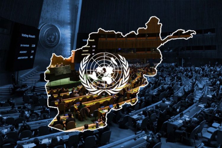 A map of Afghanistan displayed against a United Nations General Assembly background highlighting discussions over UNAMA’s mandate. (Photo Credit: AFP)