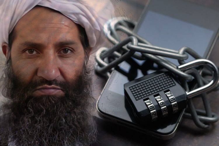 Taliban Supreme Leader Hibatullah Akhundzada beside a chained and padlocked smartphone, illustrating the group's ban on smartphone use across government offices. (Photo credit: Pexels)