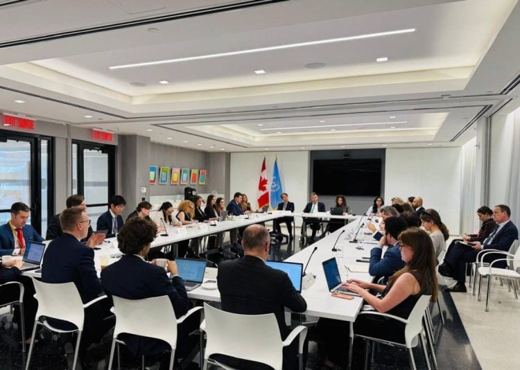 Diplomats and UN representatives gather at the Canadian mission to the United Nations for a session reviewing the human rights and humanitarian situation in Afghanistan. (Photo credit: @CanadaUN)