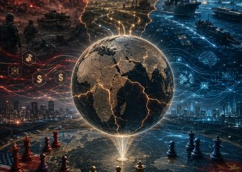 A cracked globe sits at the center of a geopolitical chessboard, flanked by military forces and digital networks, symbolizing the battle between rival world powers over the future global order. (Photo Credit: AI)