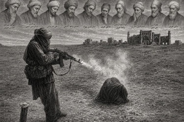 A symbolic illustration depicts a Taliban fighter shooting a veiled woman against the backdrop of Herat's historic architecture, with the city's great poets and scholars looking on in silence. (Photo Credit: Exclusive)