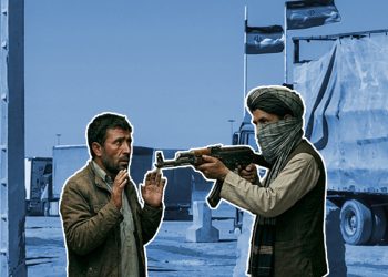 An illustration depicts a driver confronted at gunpoint at a customs facility, reflecting rising theft and insecurity reported at Islam Qala customs in Herat.
