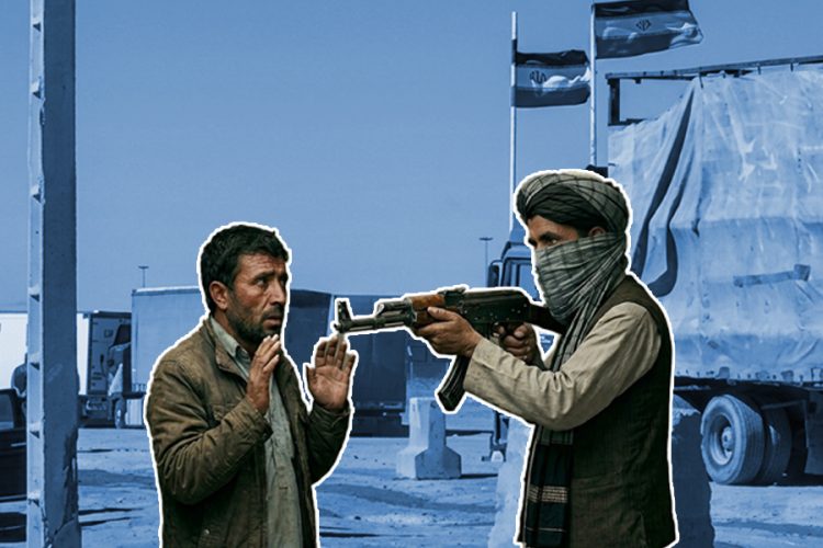 An illustration depicts a driver confronted at gunpoint at a customs facility, reflecting rising theft and insecurity reported at Islam Qala customs in Herat.