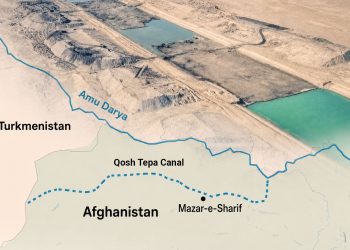 An aerial view of the Qosh Tepa Canal construction in northern Afghanistan, drawing water from the Amu Darya river along the Turkmenistan border. (Photo credit: iraf)