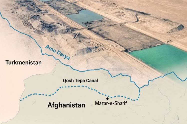 An aerial view of the Qosh Tepa Canal construction in northern Afghanistan, drawing water from the Amu Darya river along the Turkmenistan border. (Photo credit: iraf)