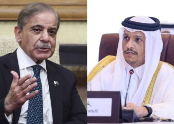 Pakistani Prime Minister Shehbaz Sharif (left) and Qatari Prime Minister Mohammad bin Abdulrahman Al Thani, whose phone call centered on peace efforts amid the ongoing Persian Gulf crisis. (Photo credit: Social media)