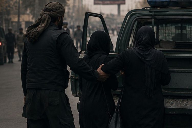 A Taliban fighter forces two women toward a vehicle during a detention operation on a street in Herat, as the group intensifies arrests of women over compulsory burqa enforcement. (Photo credit: Exclusive)