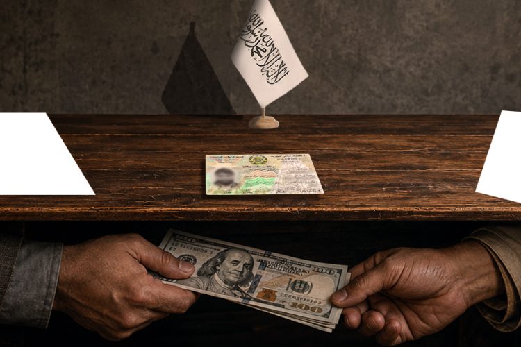 A tazkira sits on a desk beneath a Taliban flag as hands exchange US dollar bills, illustrating allegations of $500 bribes demanded for document verification at the Taliban's Emirate Affairs office in Kabul. (Photo credit: Exclusive / freepik)