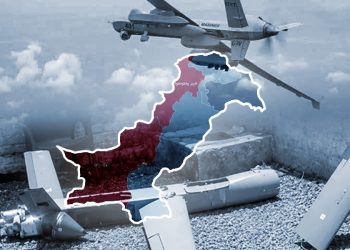 A drone hovers over a map of Pakistan amid scattered missile debris, symbolizing the Taliban's claimed drone strike on Pakistani soil. (Photo credit: Social media)