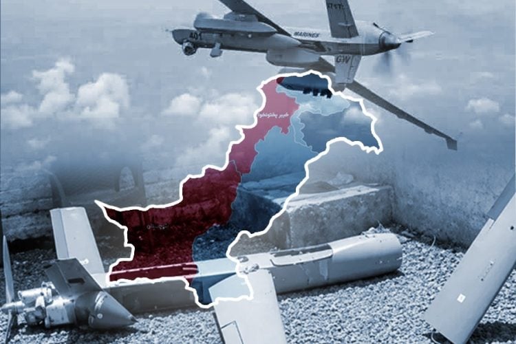 A drone hovers over a map of Pakistan amid scattered missile debris, symbolizing the Taliban's claimed drone strike on Pakistani soil. (Photo credit: Social media)