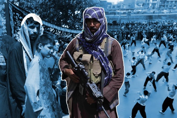 A Taliban fighter stands armed in the foreground as Shia mourners gather beneath Muharram banners, reflecting growing restrictions on Shia religious practices across Afghanistan. (Photo credit: thenationalnews)
