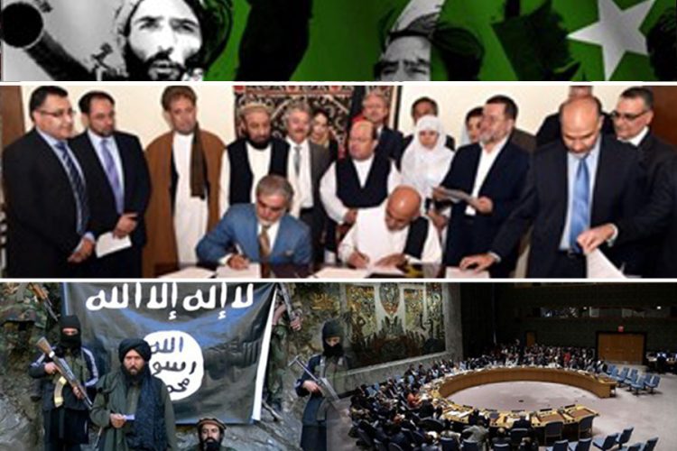 A composite image shows a Taliban-linked fighter, a diplomatic signing ceremony, armed ISIS-K militants, and a United Nations Security Council session, reflecting the layers of fear sustaining Taliban rule in Afghanistan. (Photo credit: Social Media)