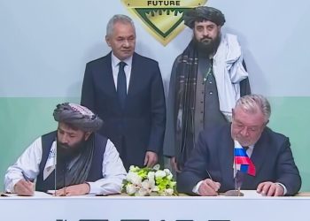 Taliban and Russian officials sign a cooperation agreement at a formal ceremony, as Moscow deepens its engagement with the group amid growing international concern. (Photo credit: Russian media)