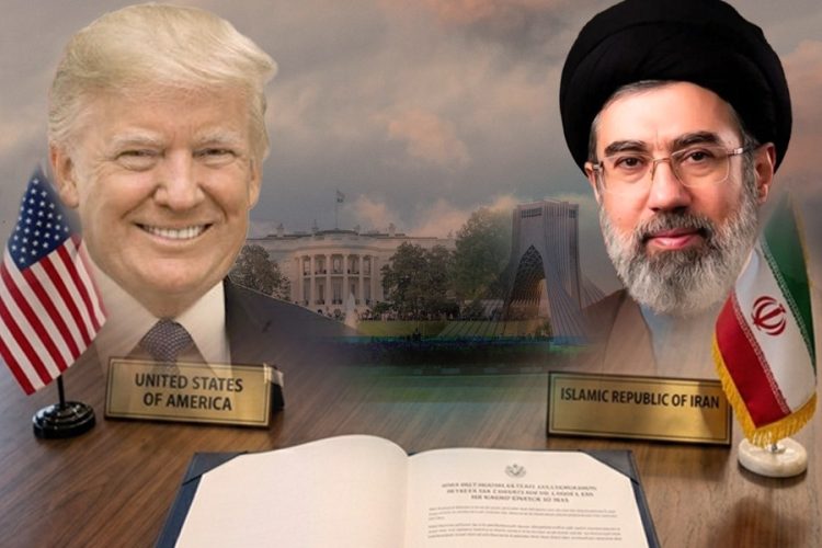US President Donald Trump and Mojtaba Khamenei, son of Iran's Supreme Leader, are depicted facing each other across a signing table, symbolizing the Iran-US agreement aimed at ending hostilities between the two nations. (Photo Credit: Exclusive + Social Media)
