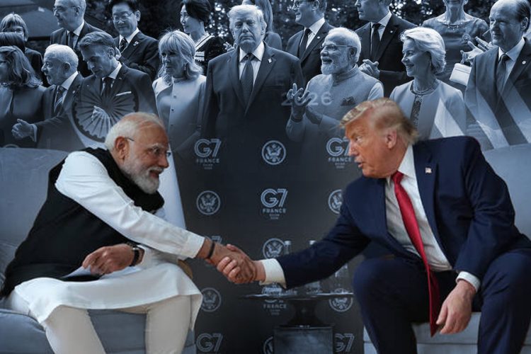 Indian Prime Minister Narendra Modi and U.S. President Donald Trump shake hands during a bilateral meeting on the sidelines of the G7 summit in France, as world leaders gathered in the background. (Photo Credit: AP)
