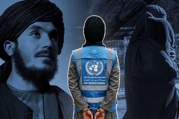 A composite image shows a Taliban member, a handcuffed UN staffer, and a veiled woman in Herat, where beard and chadari rules have led to mass detentions. (Photo credit: AFP)