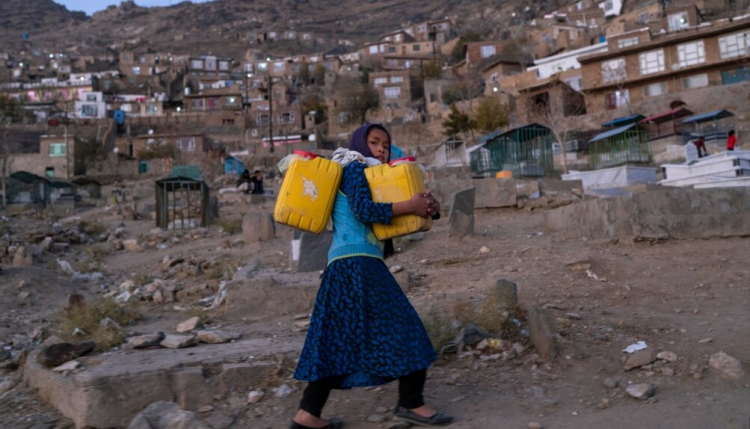 In this image, a young child is seen carrying water containers on their shoulders to take them home for use. The image highlights water shortages and the challenges faced by children in Afghanistan. (Photo Credit: AP)