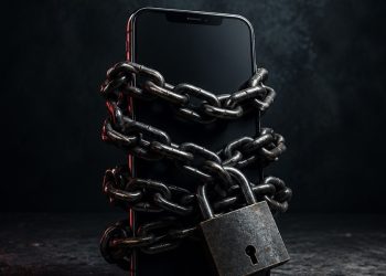 A chained and padlocked smartphone symbolizes Taliban's sweeping ban on smartphone use across government institutions and universities in Afghanistan. (Photo credit: Pexels)