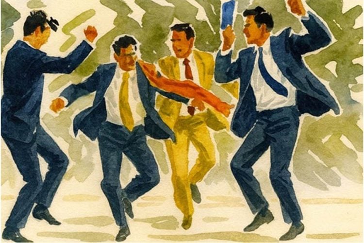 A group of men in suits react with raised fists during a heated political dispute, reflecting Afghanistan's volatile political landscape. (Photo credit: Social Media)