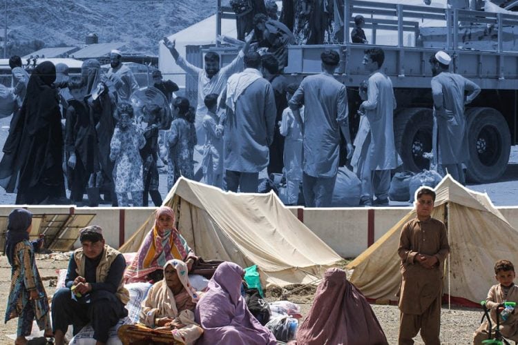 Displaced Afghan families rest beside tents at a refugee camp, as an overlaid image shows earlier scenes of migrants gathering near the border. (Photo credit: AFP)