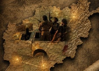 Armed fighters stand atop a vehicle superimposed on a map of Afghanistan, symbolizing renewed conflict in the country's districts. (Photo credit: AI)