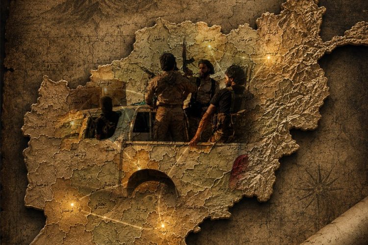 Armed fighters stand atop a vehicle superimposed on a map of Afghanistan, symbolizing renewed conflict in the country's districts. (Photo credit: AI)