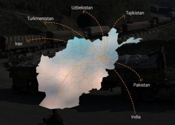 A map highlights Afghanistan's trade routes with Iran, Pakistan, India, and Central Asian countries amid ongoing debate over free trade and national production. (Photo credit: Exclusive + AFP)