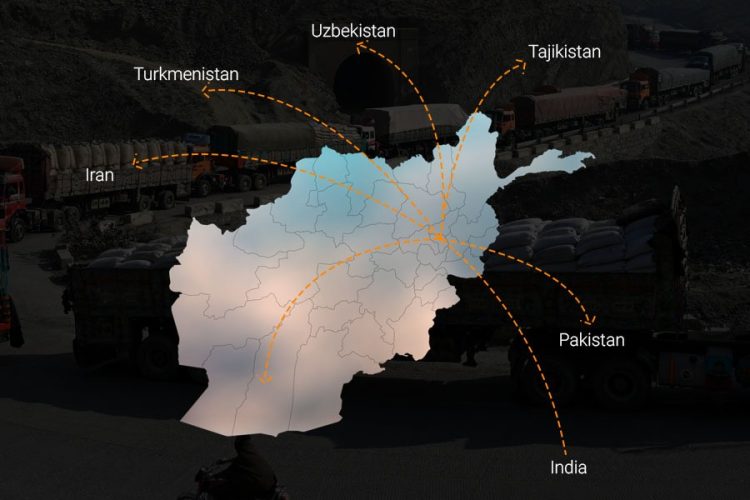 A map highlights Afghanistan's trade routes with Iran, Pakistan, India, and Central Asian countries amid ongoing debate over free trade and national production. (Photo credit: Exclusive + AFP)