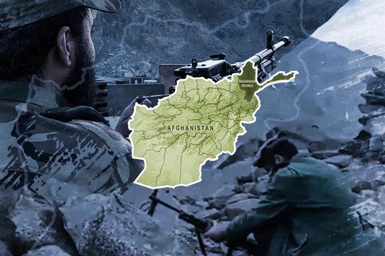 A fighter takes aim as an overlay highlights Afghanistan's Badakhshan province, a focal point of resistance activity against Taliban rule. (Photo credit: AFP + Social Media)